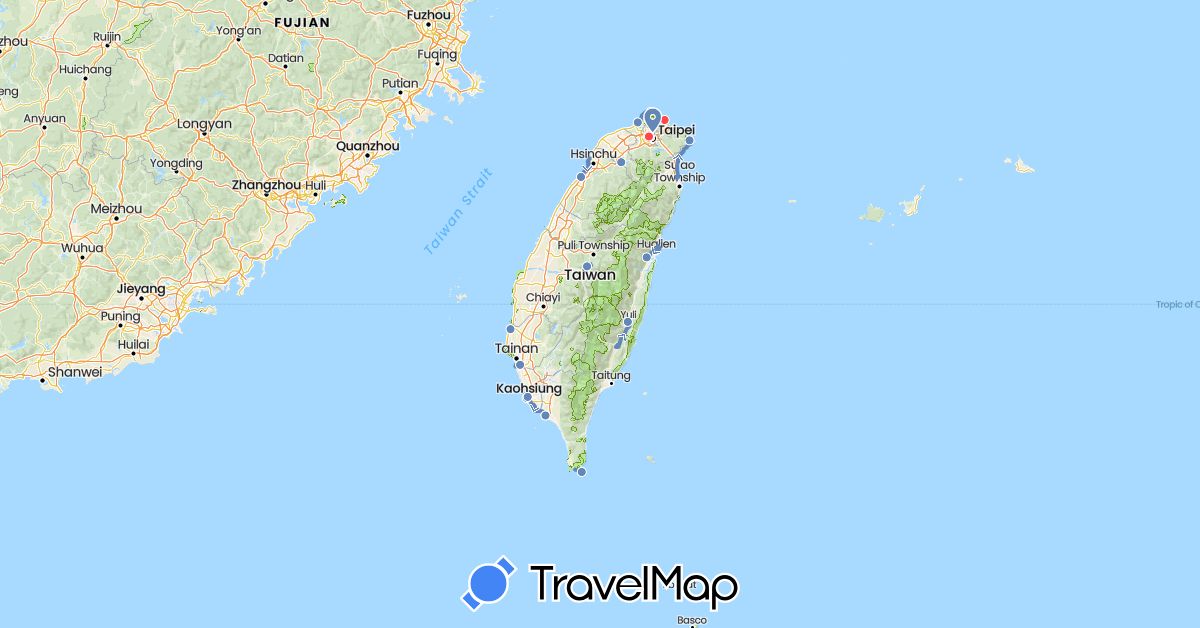 TravelMap itinerary: cycling, hiking in Taiwan (Asia)