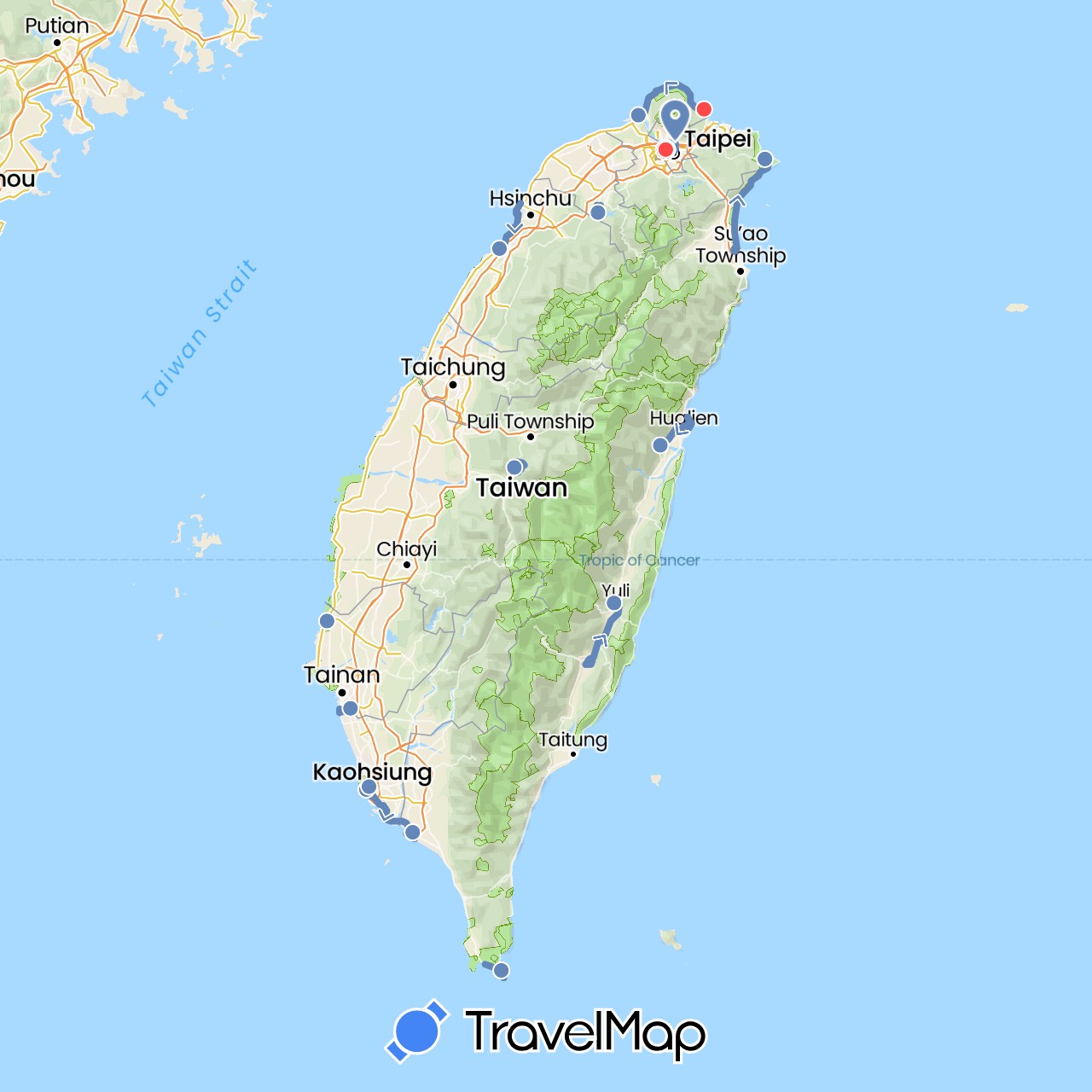 TravelMap itinerary: cycling, hiking in Taiwan (Asia)