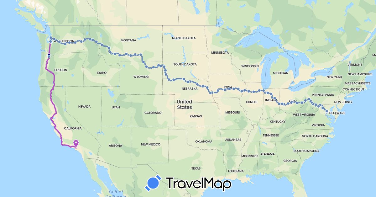 TravelMap itinerary: driving, cycling, train, hiking in United States (North America)