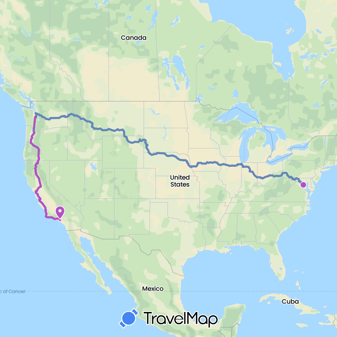 TravelMap itinerary: driving, cycling, train, hiking in United States (North America)