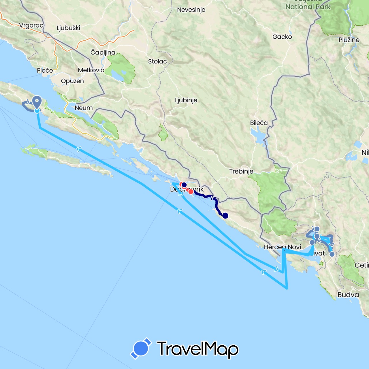 TravelMap itinerary: driving, cycling, hiking, boat in Croatia, Montenegro (Europe)
