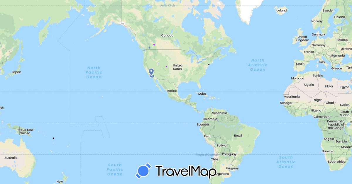 TravelMap itinerary: cycling, hiking, skiing, zwift cycling in Canada, United Kingdom, Solomon Islands, United States (Europe, North America, Oceania)