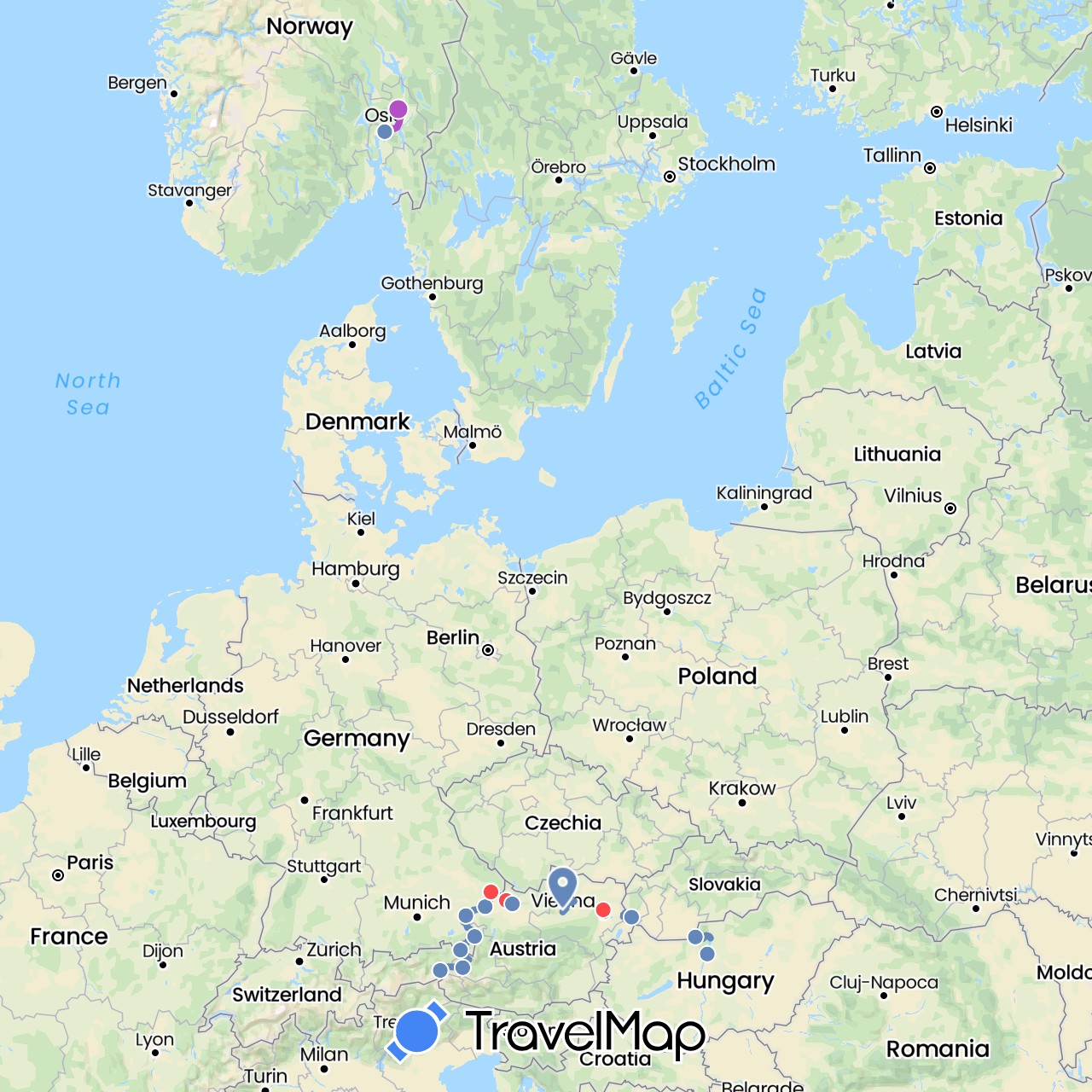 TravelMap itinerary: cycling, train, hiking in Austria, Germany, Hungary, Norway, Slovakia (Europe)