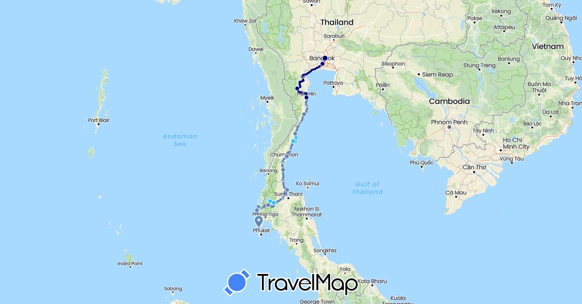 TravelMap itinerary: driving, cycling, boat in Thailand (Asia)