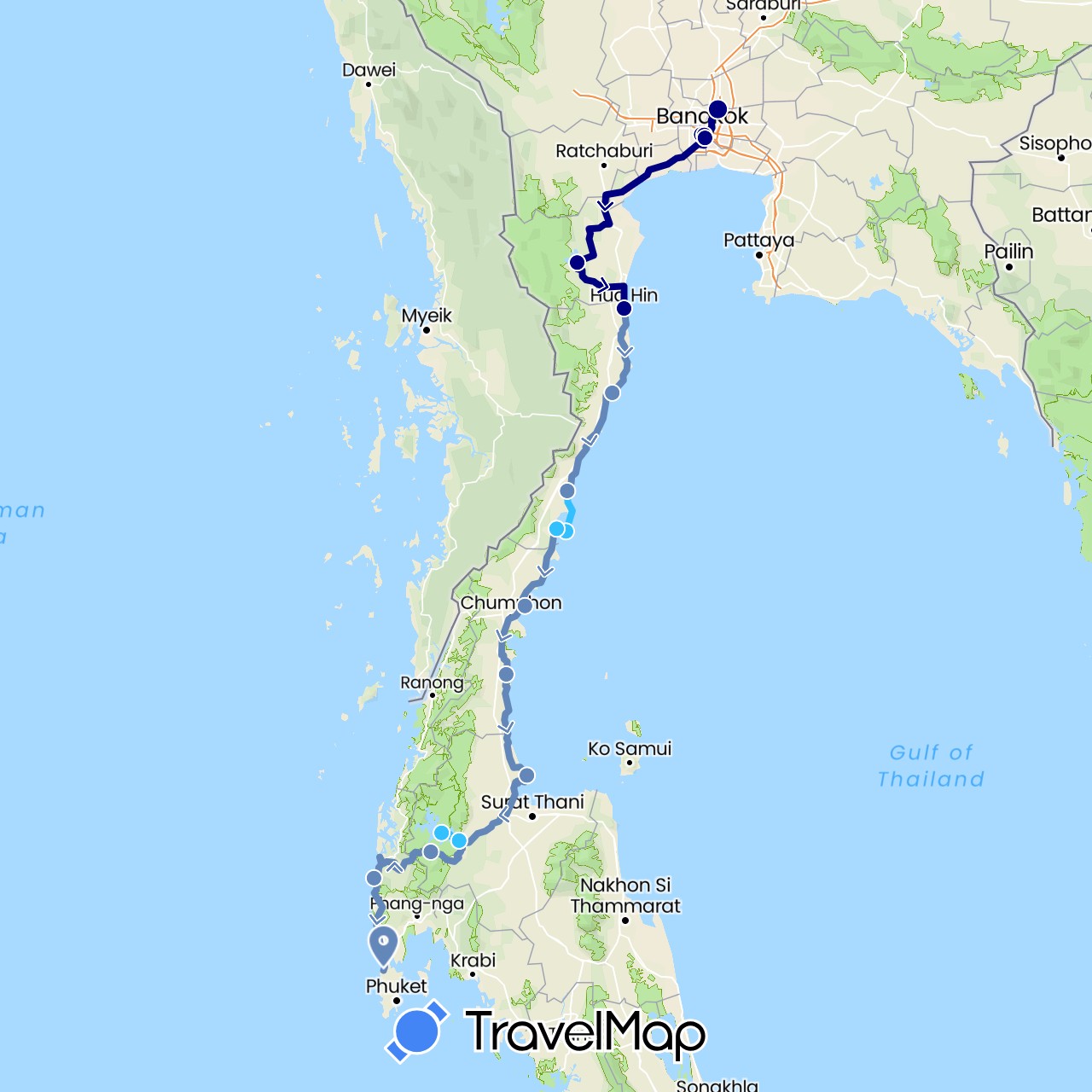TravelMap itinerary: driving, cycling, boat in Thailand (Asia)